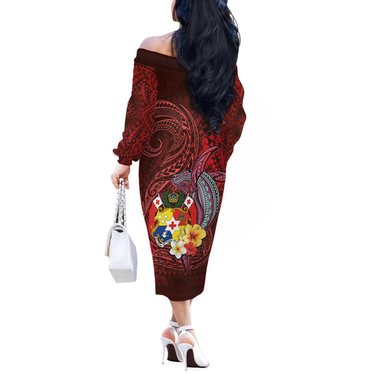 Tonga Humpback Whale Off The Shoulder Long Sleeve Dress National Seal with Hibiscus and Polynesian Tattoo LT03 - Polynesian Pride