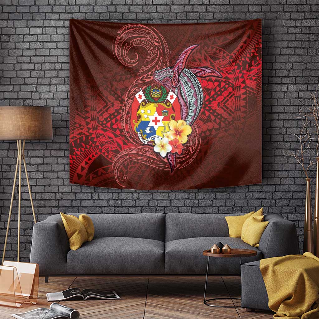 Tonga Humpback Whale Tapestry National Seal with Hibiscus and Polynesian Tattoo