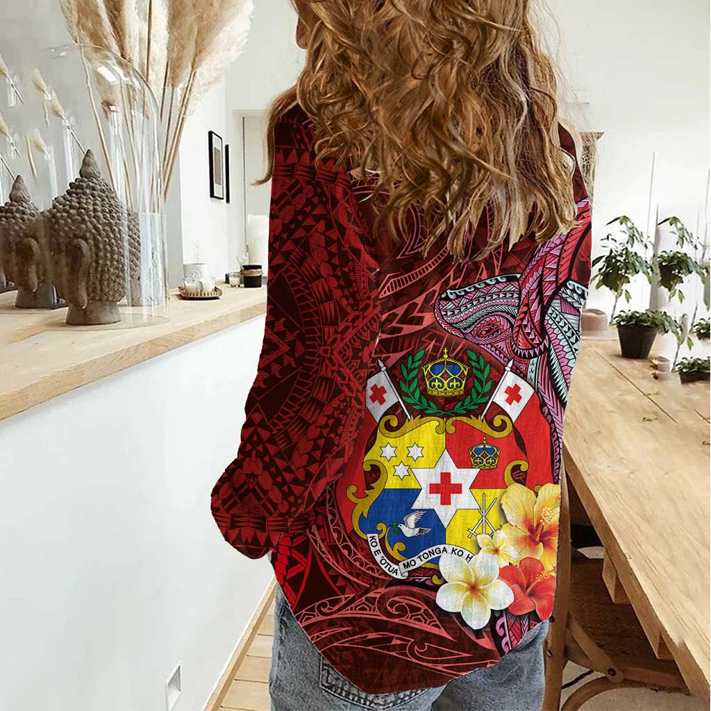 Tonga Humpback Whale Women Casual Shirt National Seal with Hibiscus and Polynesian Tattoo LT03 - Polynesian Pride