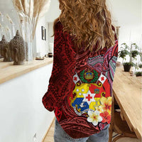 Tonga Humpback Whale Women Casual Shirt National Seal with Hibiscus and Polynesian Tattoo LT03 - Polynesian Pride