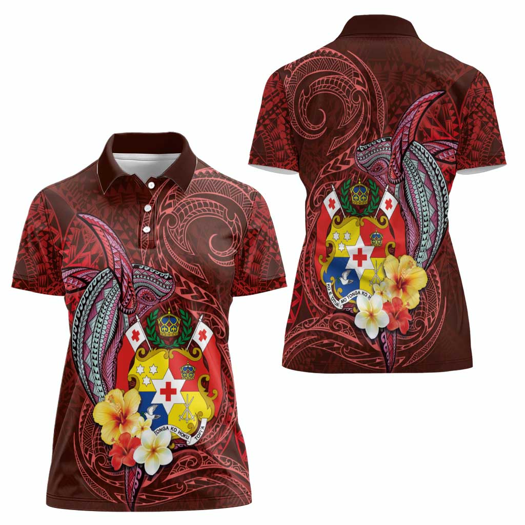 Tonga Humpback Whale Women Polo Shirt National Seal with Hibiscus and Polynesian Tattoo