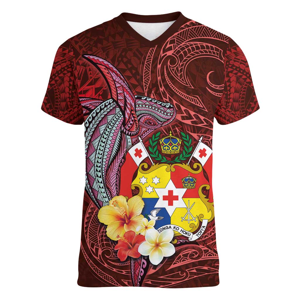 Tonga Humpback Whale Women V-Neck T-Shirt National Seal with Hibiscus and Polynesian Tattoo LT03 Female Red - Polynesian Pride