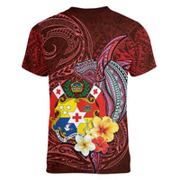 Tonga Humpback Whale Women V-Neck T-Shirt National Seal with Hibiscus and Polynesian Tattoo LT03 - Polynesian Pride