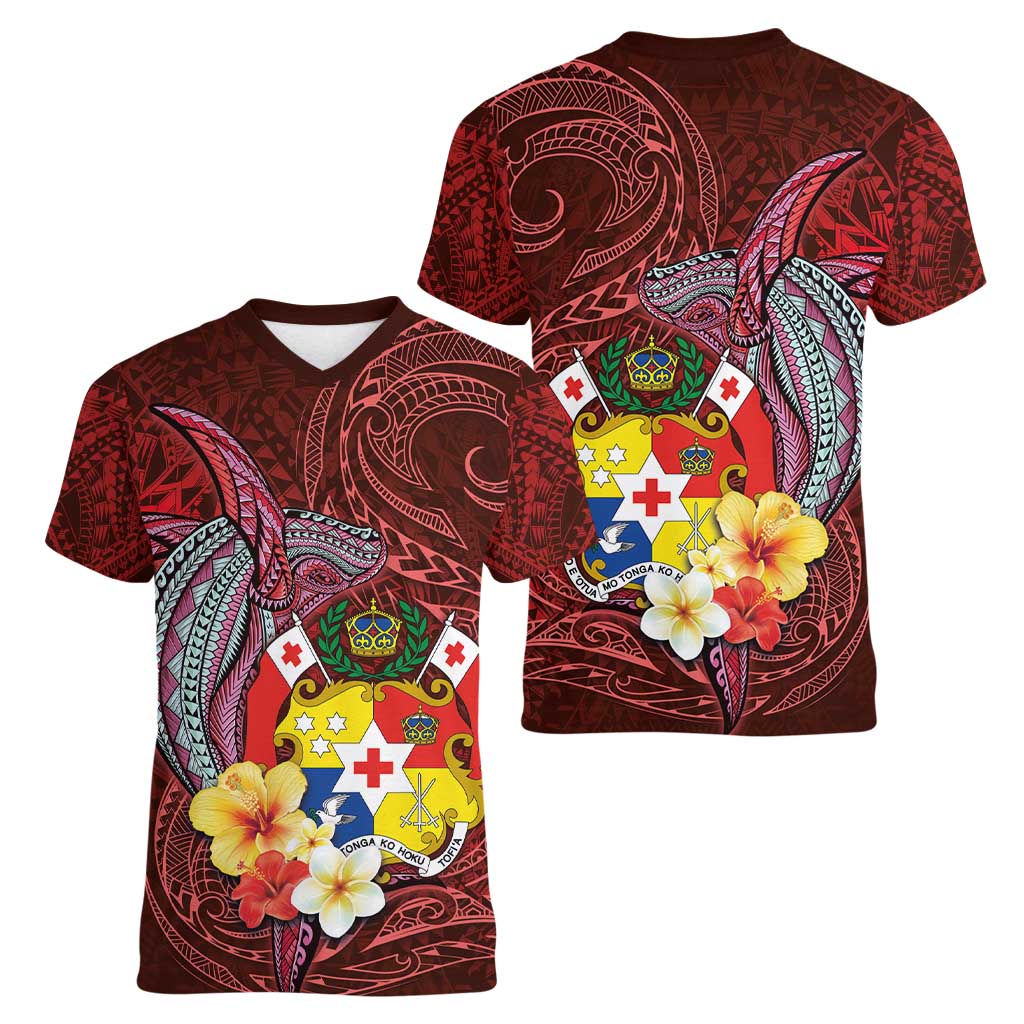 Tonga Humpback Whale Women V-Neck T-Shirt National Seal with Hibiscus and Polynesian Tattoo LT03 - Polynesian Pride