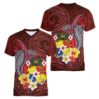 Tonga Humpback Whale Women V-Neck T-Shirt National Seal with Hibiscus and Polynesian Tattoo LT03 - Polynesian Pride