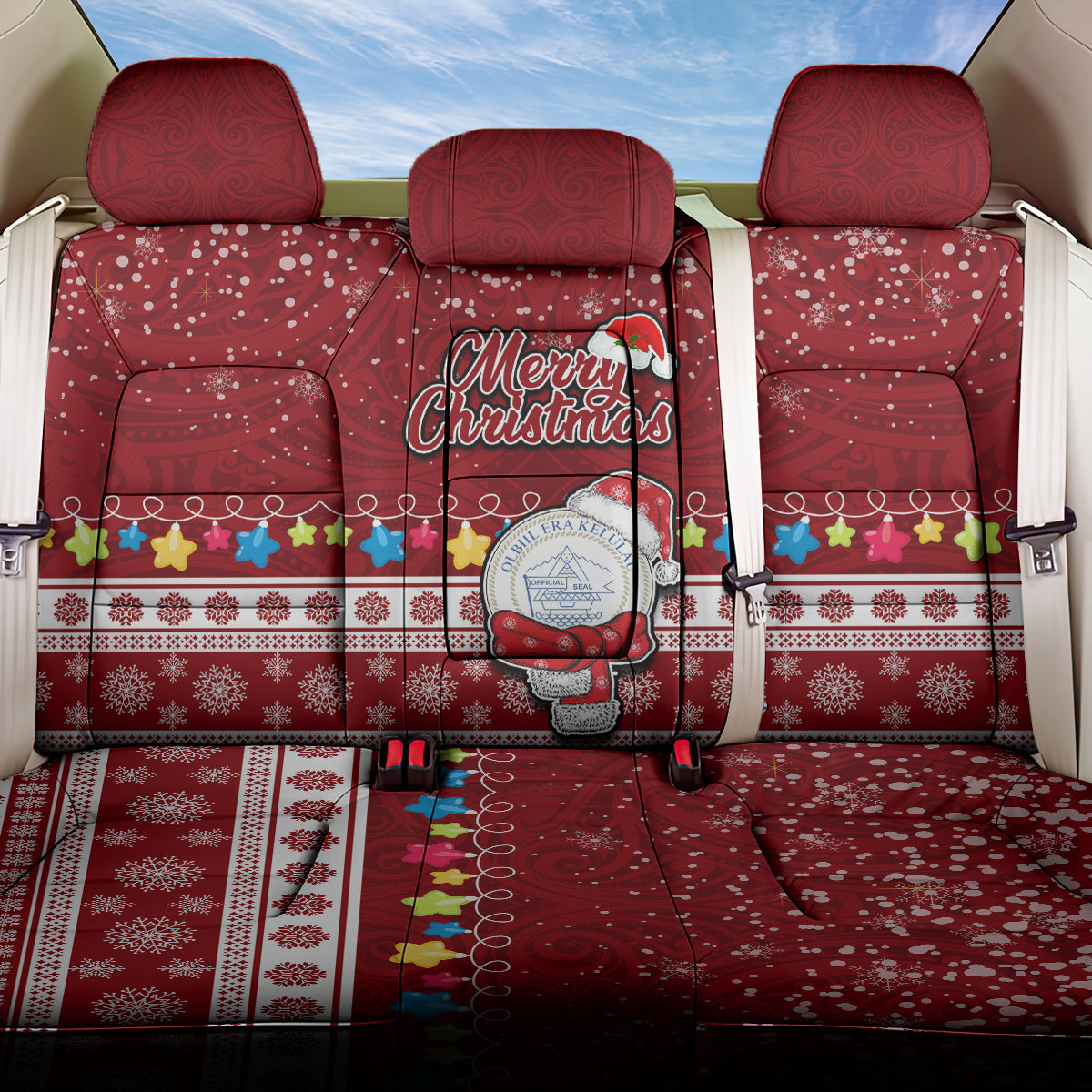 Palau Christmas Back Car Seat Cover Snowman and Palau Coat of Arms Maori Tribal Xmas Style LT03 One Size Red - Polynesian Pride