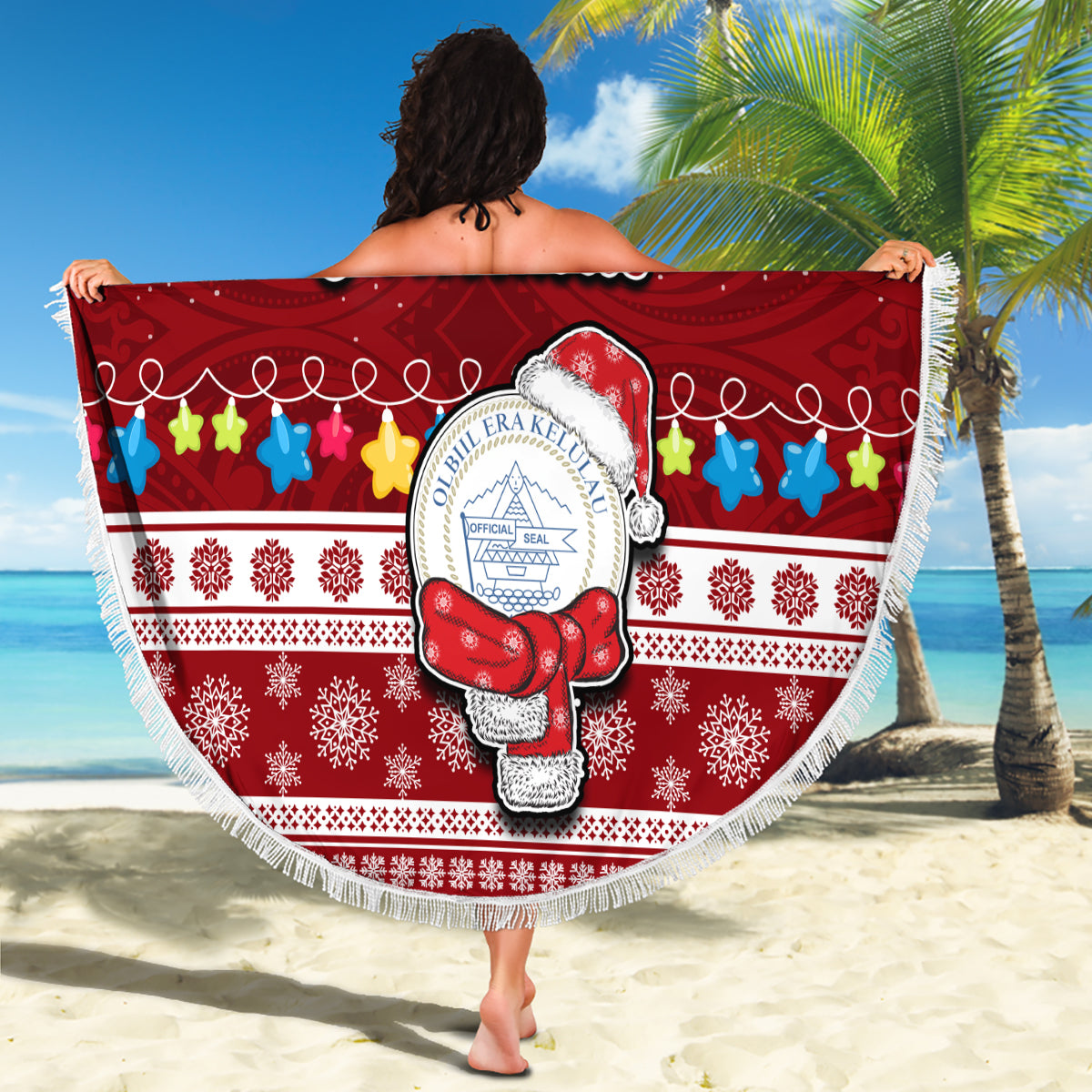Palau Christmas Beach Blanket Snowman and Palau Coat of Arms Maori Tribal Xmas Style LT03 - Wonder Print Shop