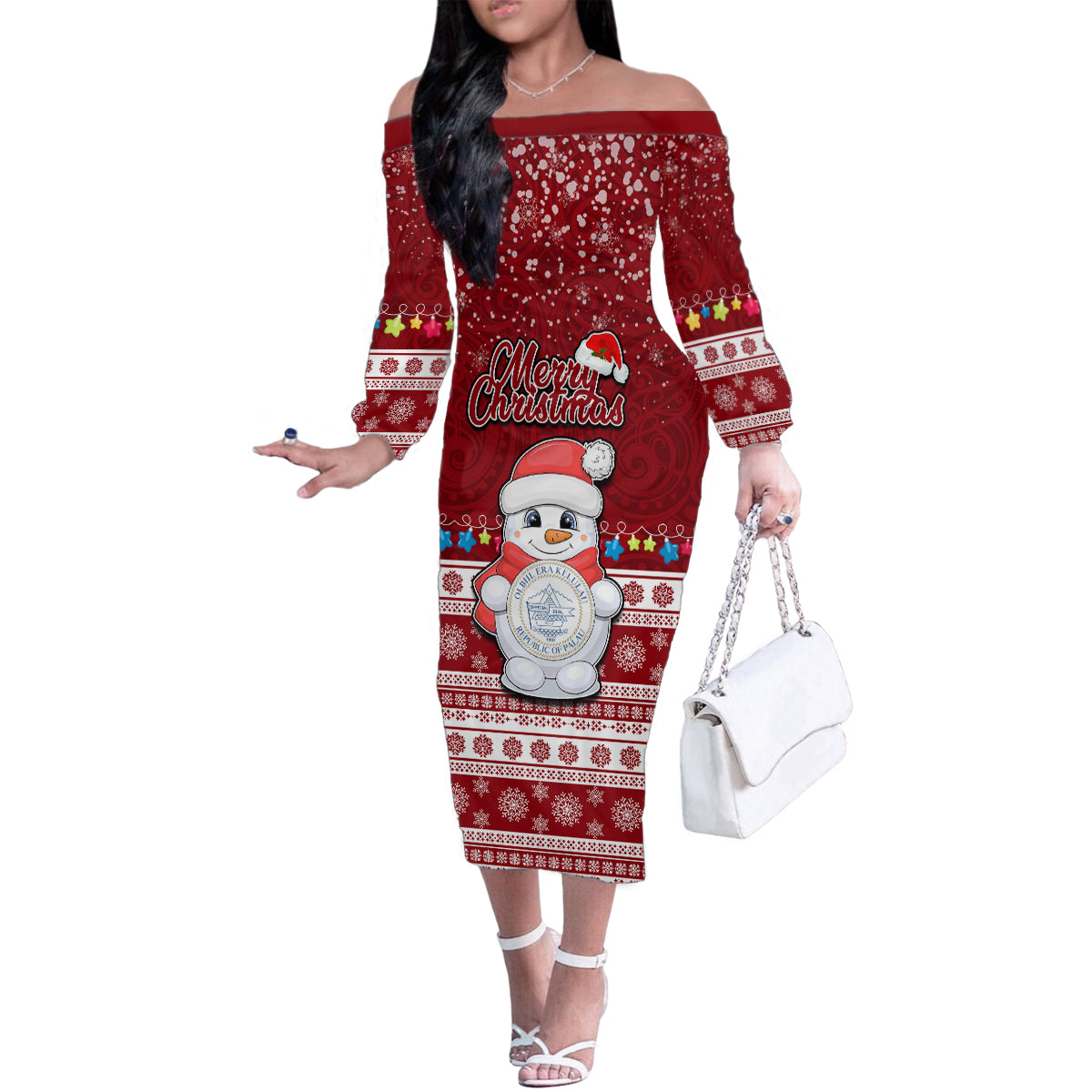 Palau Christmas Family Matching Off Shoulder Long Sleeve Dress and Hawaiian Shirt Snowman and Palau Coat of Arms Maori Tribal Xmas Style LT03 Mom's Dress Red - Polynesian Pride