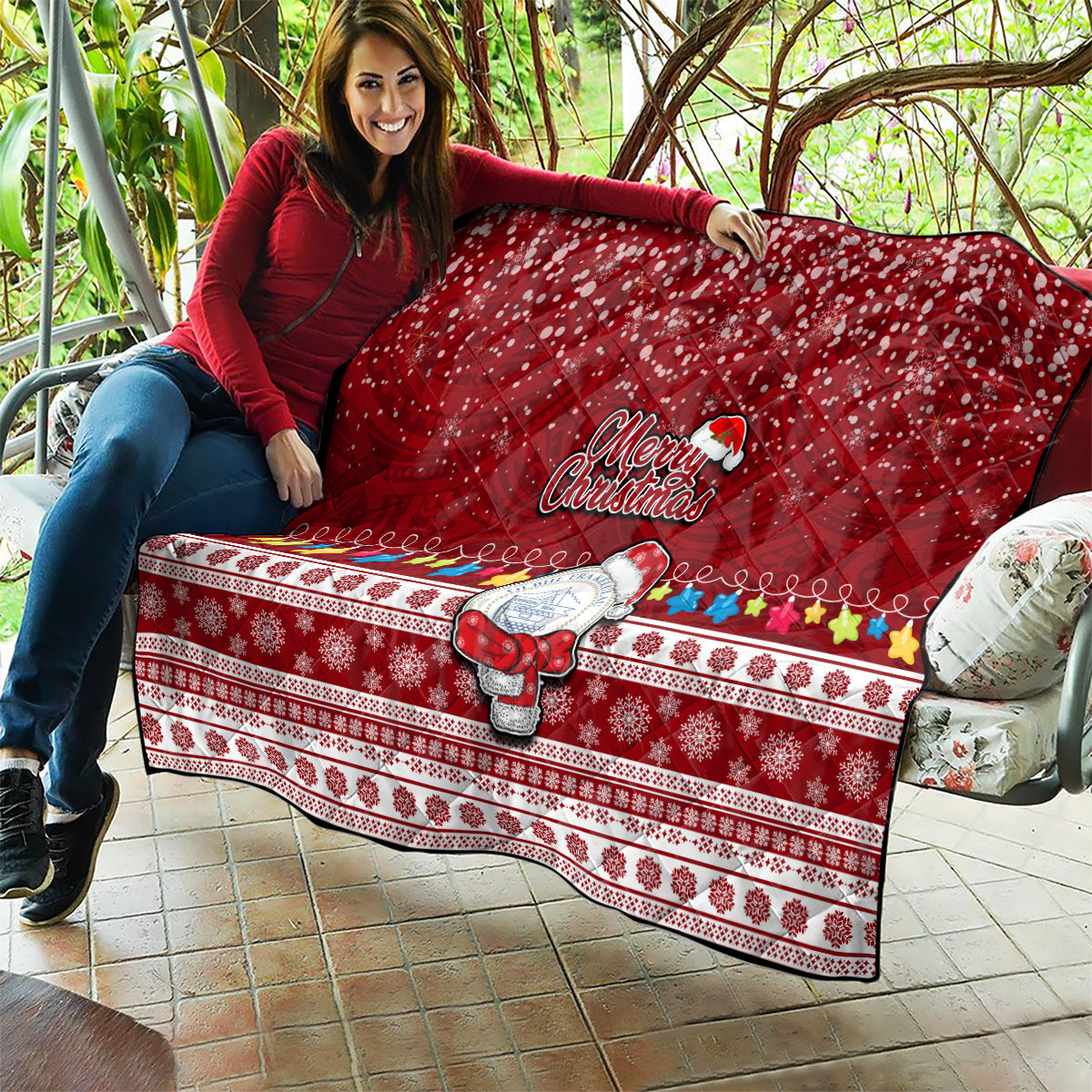 Palau Christmas Quilt Snowman and Palau Coat of Arms Maori Tribal Xmas Style LT03 - Polynesian Pride