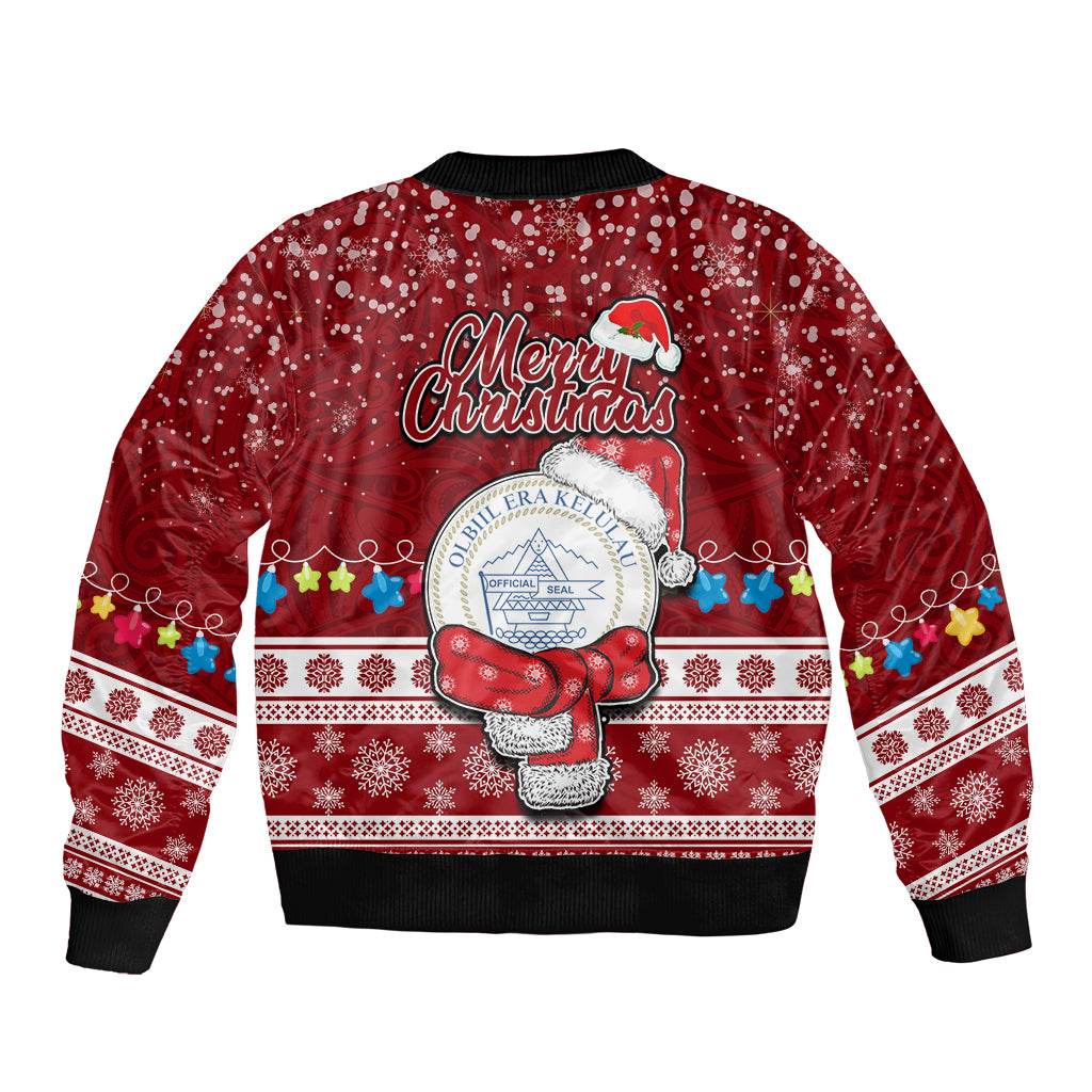 Palau Christmas Sleeve Zip Bomber Jacket Snowman and Palau Coat of Arms Maori Tribal Xmas Style LT03 - Polynesian Pride