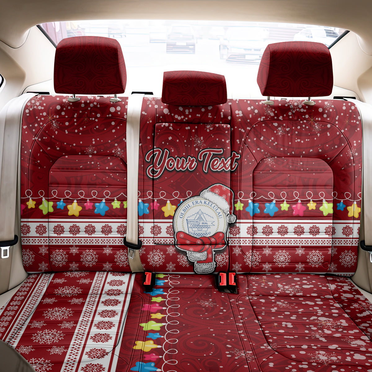 Personalised Palau Christmas Back Car Seat Cover Snowman and Palau Coat of Arms Maori Tribal Xmas Style LT03 - Polynesian Pride