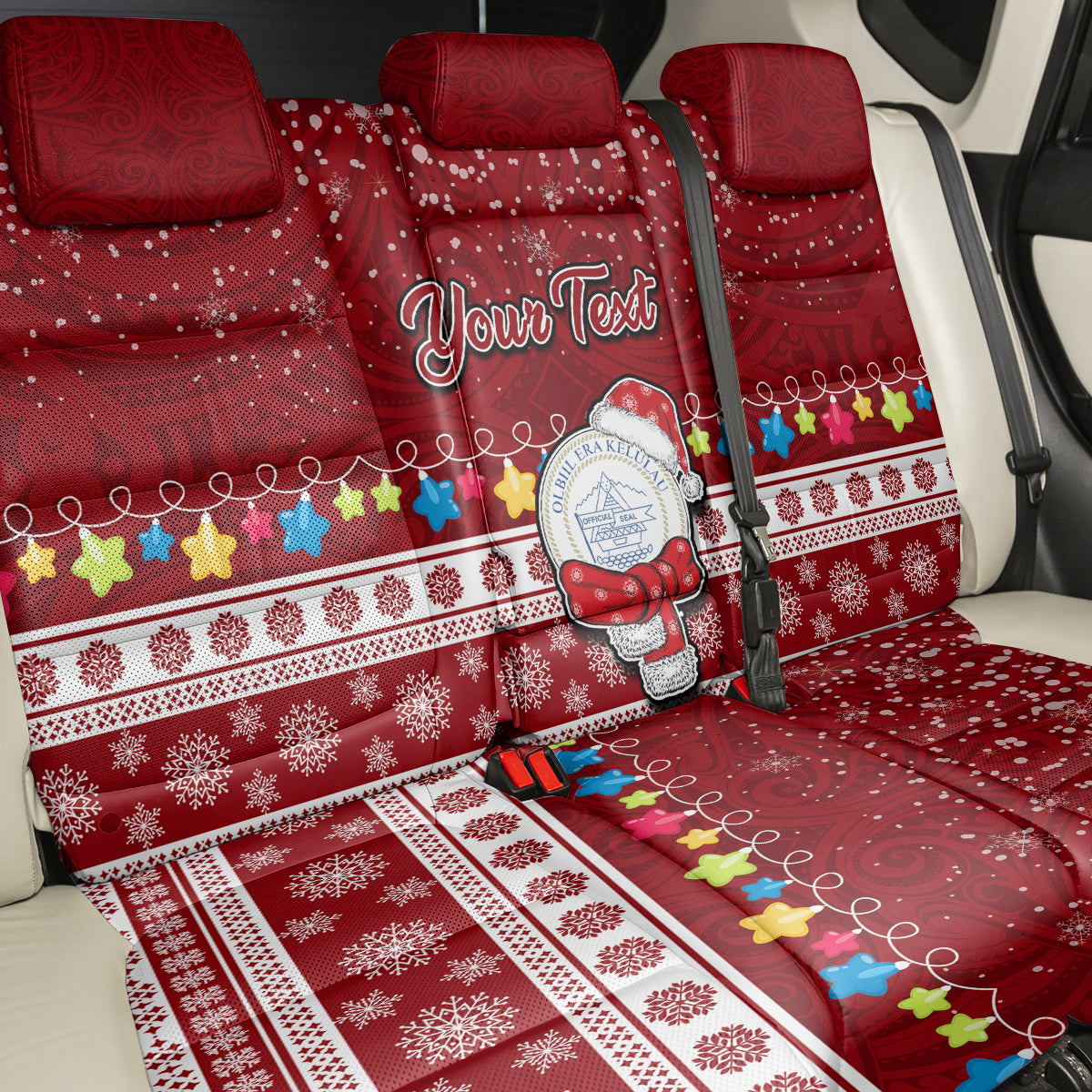 Personalised Palau Christmas Back Car Seat Cover Snowman and Palau Coat of Arms Maori Tribal Xmas Style LT03 - Polynesian Pride