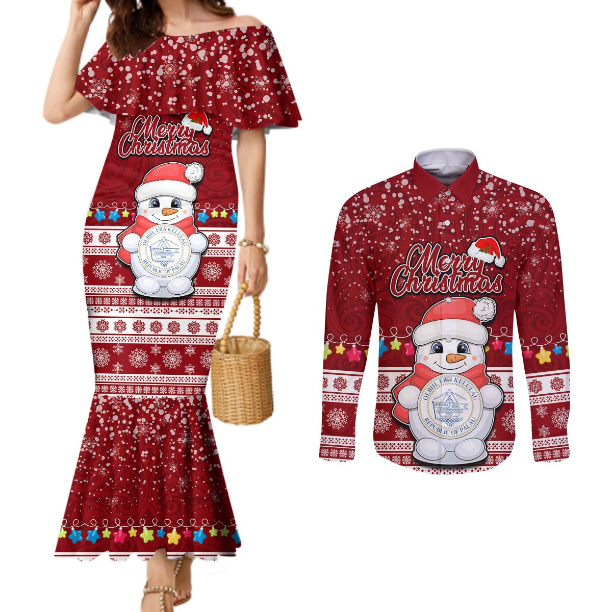 Personalised Palau Christmas Couples Matching Mermaid Dress and Long Sleeve Button Shirt Snowman and Palau Coat of Arms Maori Tribal Xmas Style LT03 Red - Polynesian Pride
