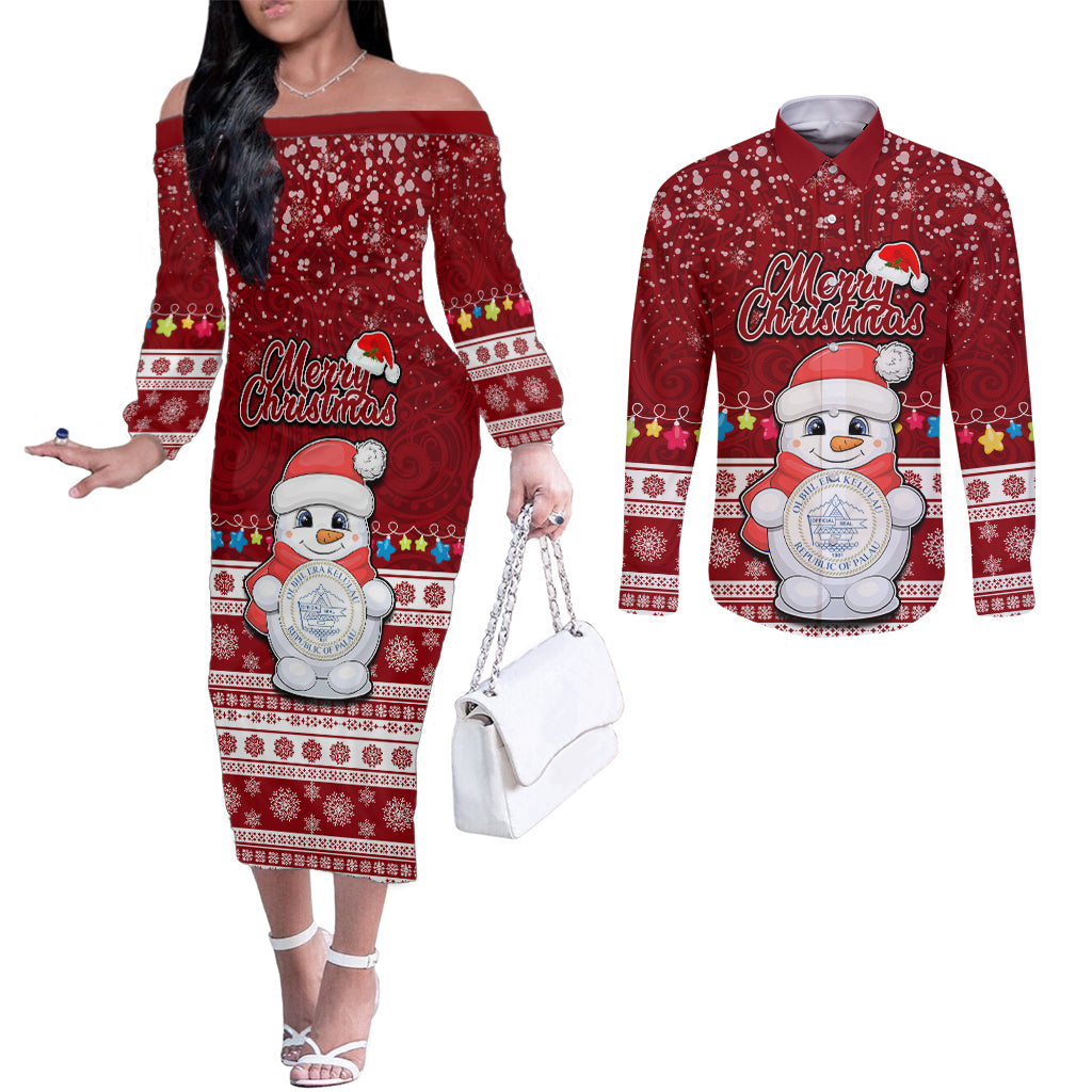 Personalised Palau Christmas Couples Matching Off The Shoulder Long Sleeve Dress and Long Sleeve Button Shirt Snowman and Palau Coat of Arms Maori Tribal Xmas Style LT03 Red - Polynesian Pride