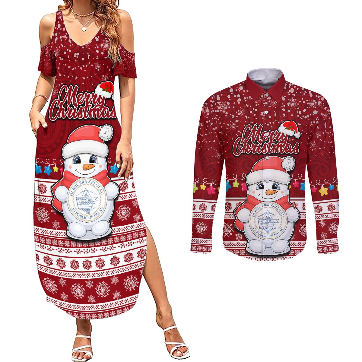 Personalised Palau Christmas Couples Matching Summer Maxi Dress and Long Sleeve Button Shirt Snowman and Palau Coat of Arms Maori Tribal Xmas Style LT03 Red - Polynesian Pride