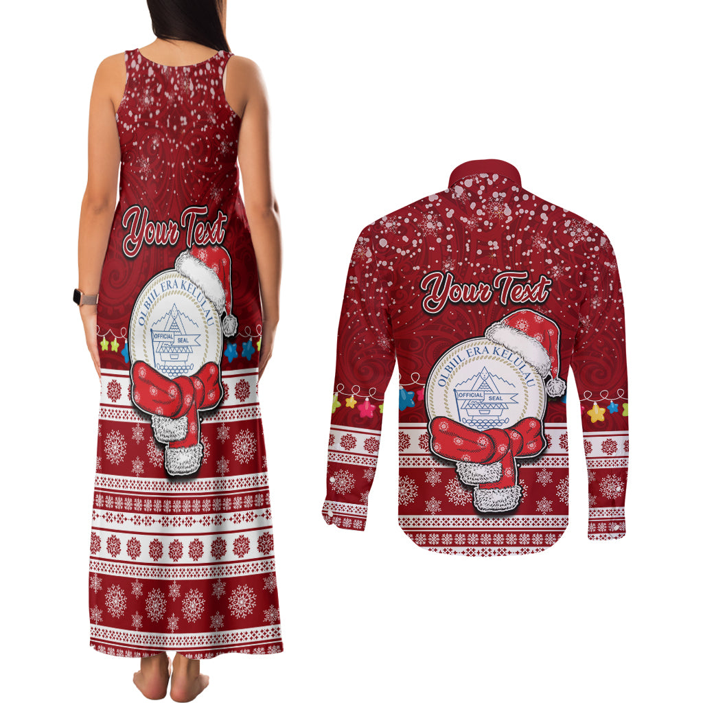 Personalised Palau Christmas Couples Matching Tank Maxi Dress and Long Sleeve Button Shirt Snowman and Palau Coat of Arms Maori Tribal Xmas Style LT03 - Polynesian Pride