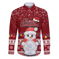 Personalised Palau Christmas Family Matching Off Shoulder Long Sleeve Dress and Hawaiian Shirt Snowman and Palau Coat of Arms Maori Tribal Xmas Style LT03 Dad's Shirt - Long Sleeve Red - Polynesian Pride