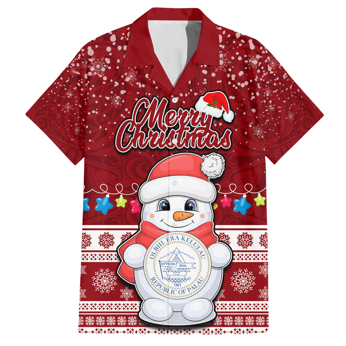 Personalised Palau Christmas Family Matching Summer Maxi Dress and Hawaiian Shirt Snowman and Palau Coat of Arms Maori Tribal Xmas Style LT03 Dad's Shirt - Short Sleeve Red - Polynesian Pride