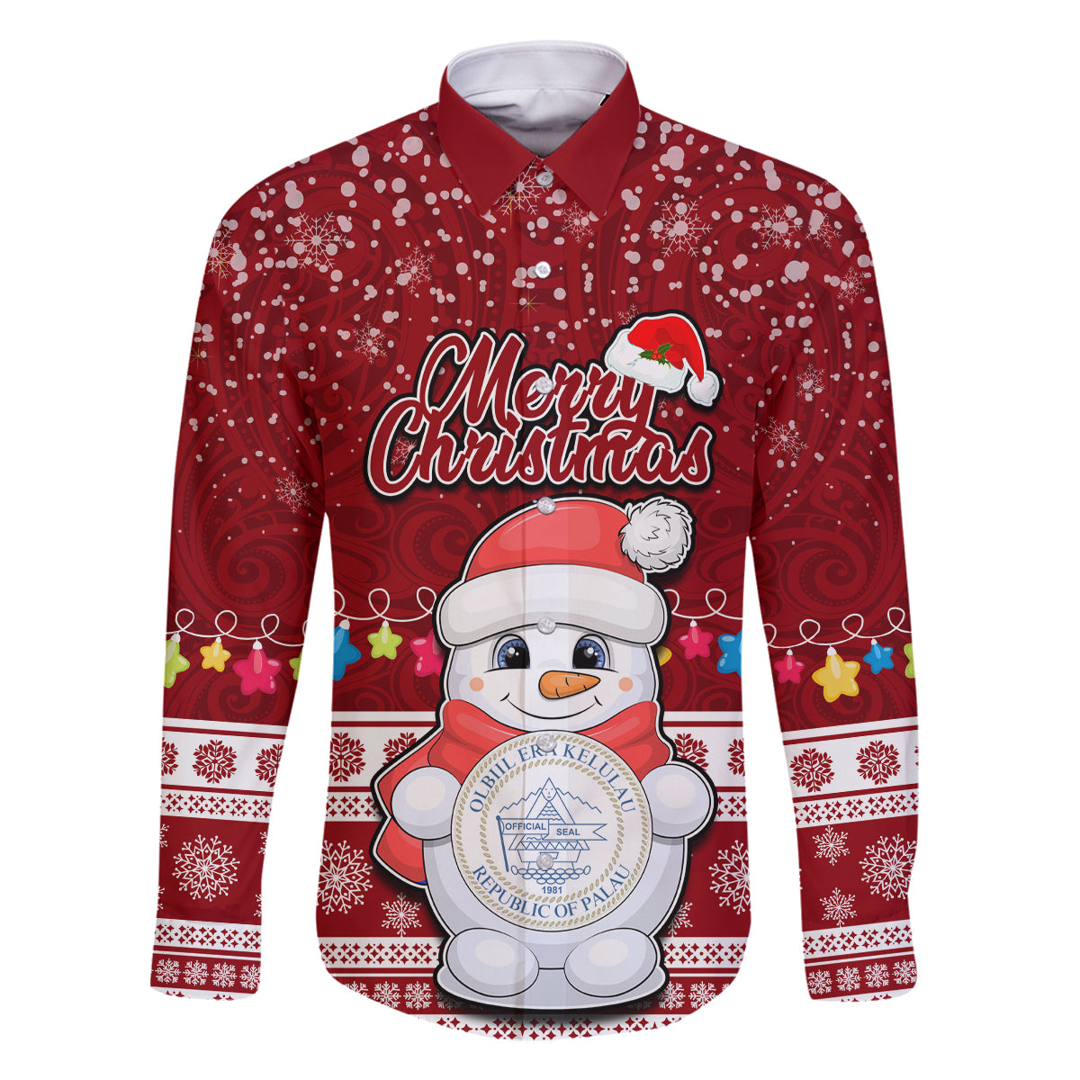Personalised Palau Christmas Family Matching Summer Maxi Dress and Hawaiian Shirt Snowman and Palau Coat of Arms Maori Tribal Xmas Style LT03 Dad's Shirt - Long Sleeve Red - Polynesian Pride