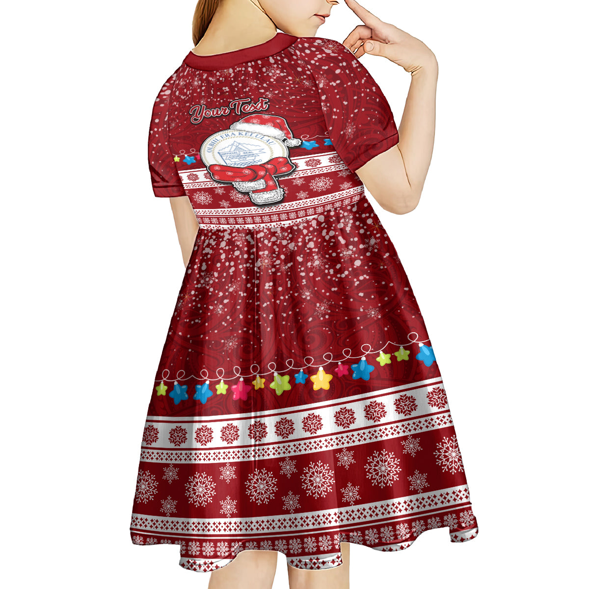 Personalised Palau Christmas Kid Short Sleeve Dress Snowman and Palau Coat of Arms Maori Tribal Xmas Style LT03 - Polynesian Pride