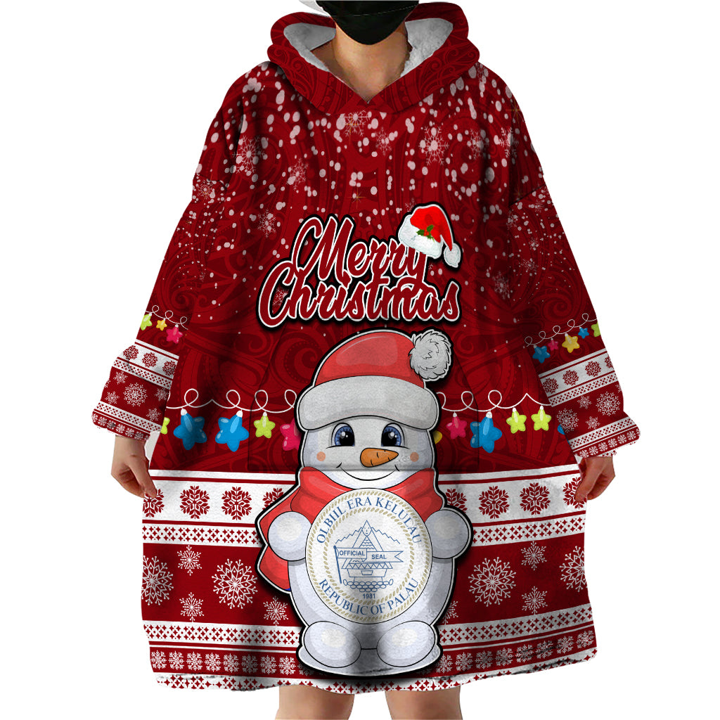 Personalised Palau Christmas Wearable Blanket Hoodie Snowman and Palau Coat of Arms Maori Tribal Xmas Style LT03 - Polynesian Pride