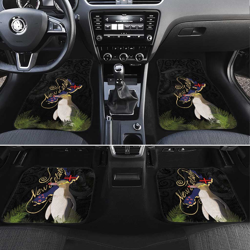 New Zealand Hoiho Car Mats Maori Art Tattoo and Silver Fern LT03 Set 4pcs Black - Polynesian Pride