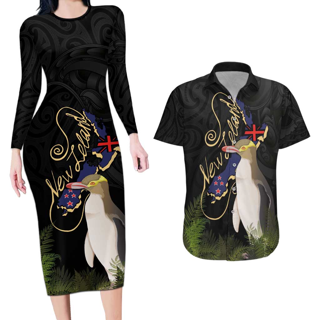 New Zealand Hoiho Couples Matching Long Sleeve Bodycon Dress and Hawaiian Shirt Maori Art Tattoo and Silver Fern LT03 Black - Polynesian Pride