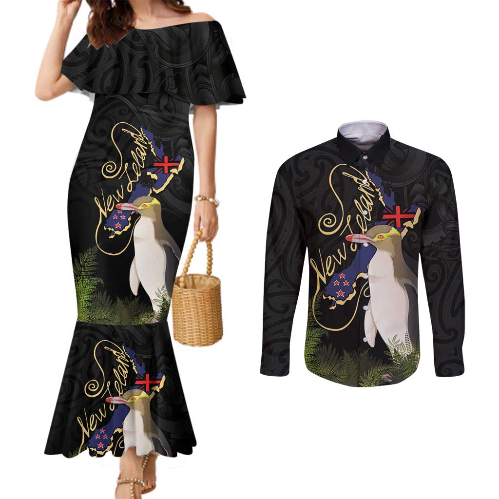 New Zealand Hoiho Couples Matching Mermaid Dress and Long Sleeve Button Shirt Maori Art Tattoo and Silver Fern LT03 Black - Polynesian Pride