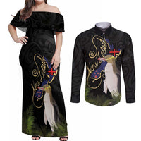 New Zealand Hoiho Couples Matching Off Shoulder Maxi Dress and Long Sleeve Button Shirt Maori Art Tattoo and Silver Fern LT03 Black - Polynesian Pride