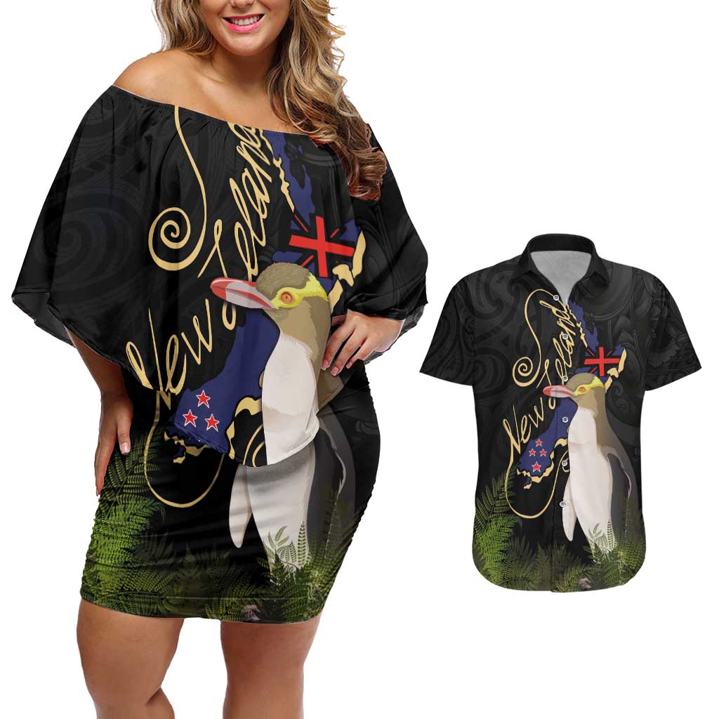 New Zealand Hoiho Couples Matching Off Shoulder Short Dress and Hawaiian Shirt Maori Art Tattoo and Silver Fern LT03 Black - Polynesian Pride