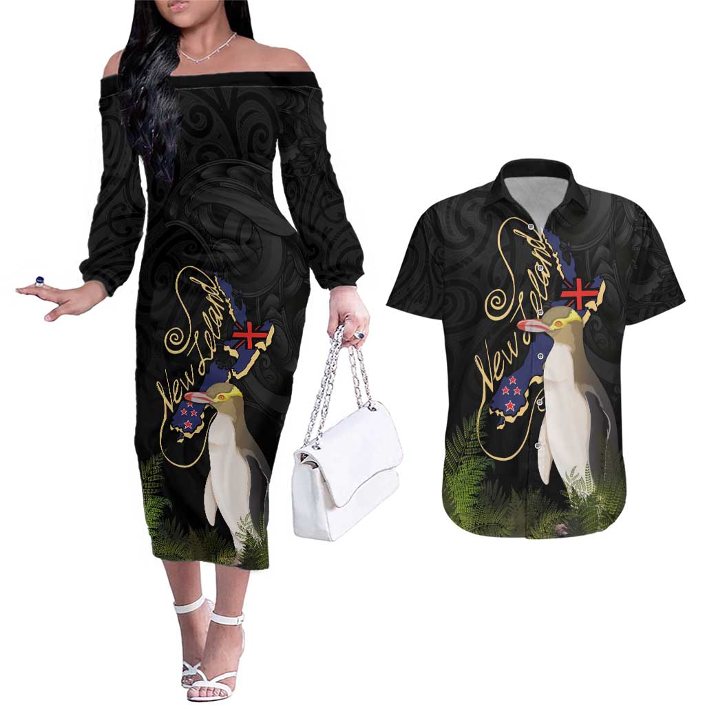 New Zealand Hoiho Couples Matching Off The Shoulder Long Sleeve Dress and Hawaiian Shirt Maori Art Tattoo and Silver Fern