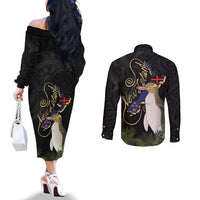 New Zealand Hoiho Couples Matching Off The Shoulder Long Sleeve Dress and Long Sleeve Button Shirt Maori Art Tattoo and Silver Fern LT03 - Polynesian Pride