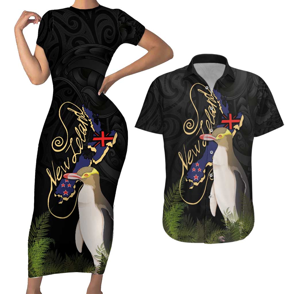 New Zealand Hoiho Couples Matching Short Sleeve Bodycon Dress and Hawaiian Shirt Maori Art Tattoo and Silver Fern LT03 Black - Polynesian Pride