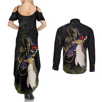 New Zealand Hoiho Couples Matching Summer Maxi Dress and Long Sleeve Button Shirt Maori Art Tattoo and Silver Fern LT03 - Polynesian Pride
