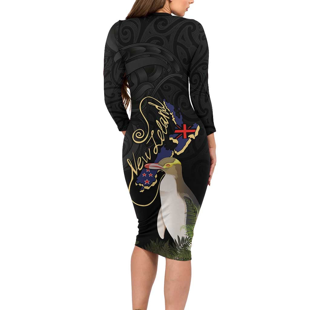 New Zealand Hoiho Family Matching Long Sleeve Bodycon Dress and Hawaiian Shirt Maori Art Tattoo and Silver Fern LT03 - Polynesian Pride