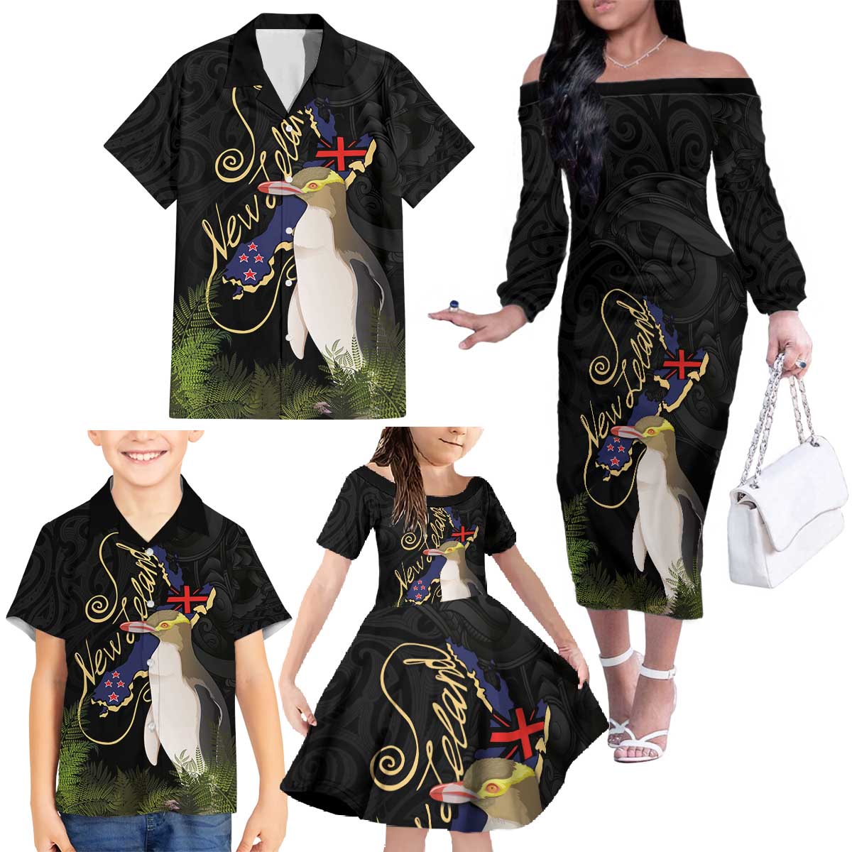 New Zealand Hoiho Family Matching Off The Shoulder Long Sleeve Dress and Hawaiian Shirt Maori Art Tattoo and Silver Fern LT03 - Polynesian Pride