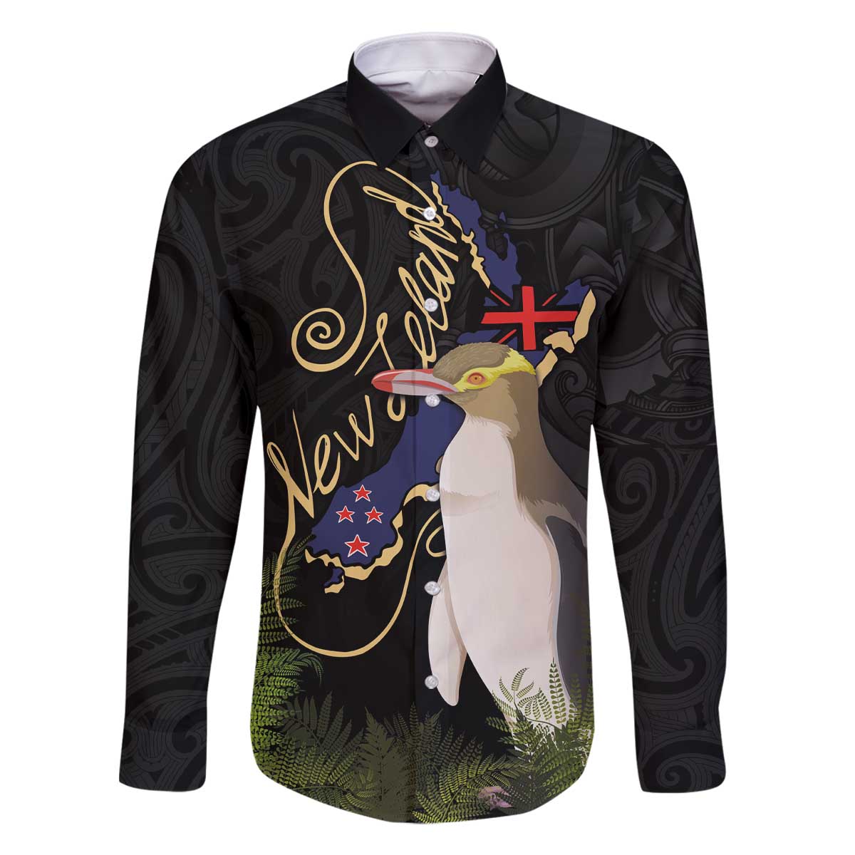New Zealand Hoiho Family Matching Off The Shoulder Long Sleeve Dress and Hawaiian Shirt Maori Art Tattoo and Silver Fern LT03 Dad's Shirt - Long Sleeve Black - Polynesian Pride