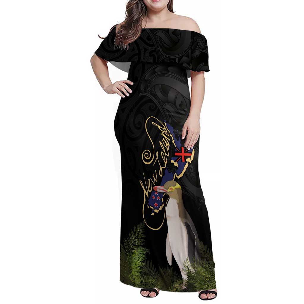 New Zealand Hoiho Family Matching Off Shoulder Maxi Dress and Hawaiian Shirt Maori Art Tattoo and Silver Fern LT03 Mom's Dress Black - Polynesian Pride