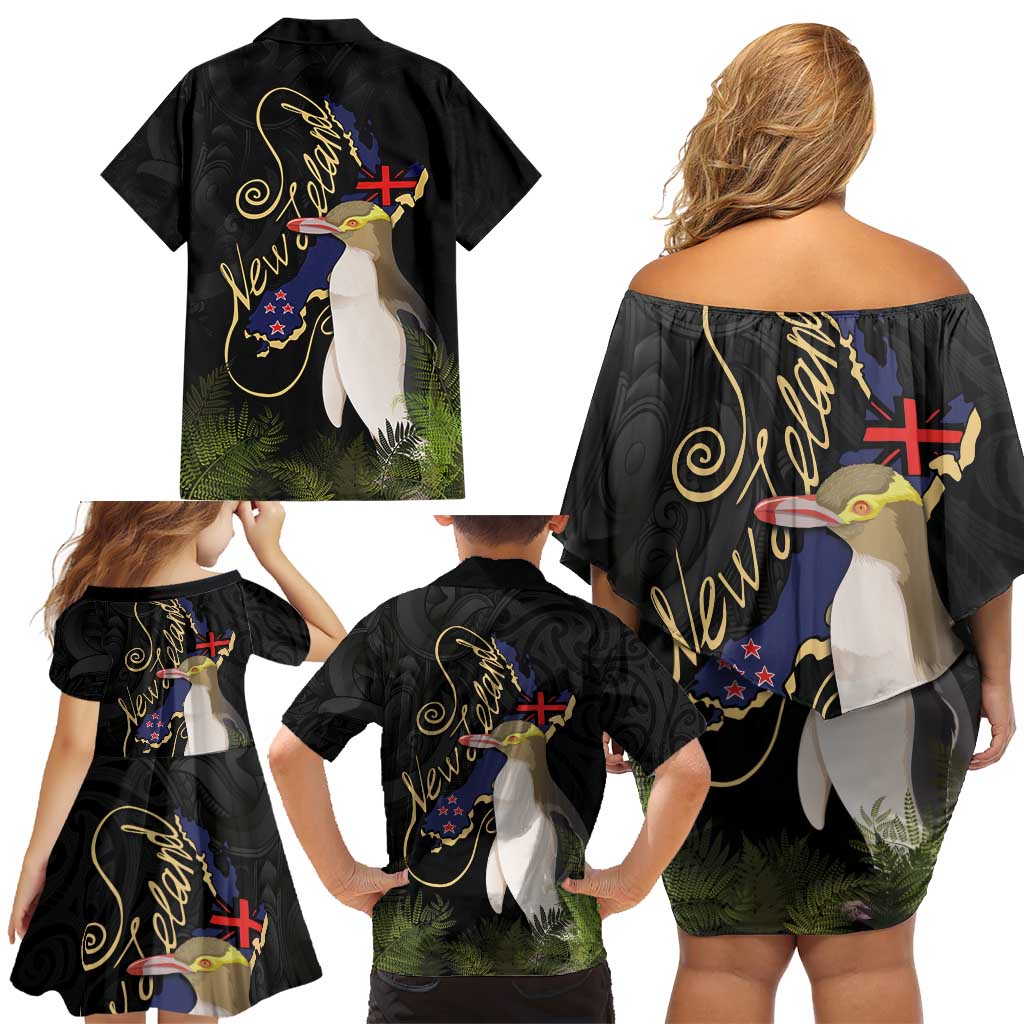 New Zealand Hoiho Family Matching Off Shoulder Short Dress and Hawaiian Shirt Maori Art Tattoo and Silver Fern LT03 - Polynesian Pride