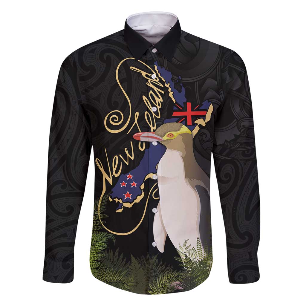 New Zealand Hoiho Family Matching Summer Maxi Dress and Hawaiian Shirt Maori Art Tattoo and Silver Fern LT03 Dad's Shirt - Long Sleeve Black - Polynesian Pride