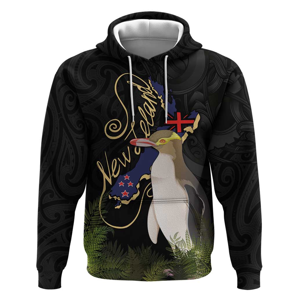 New Zealand Hoiho Hoodie Maori Art Tattoo and Silver Fern LT03 Pullover Hoodie Black - Polynesian Pride