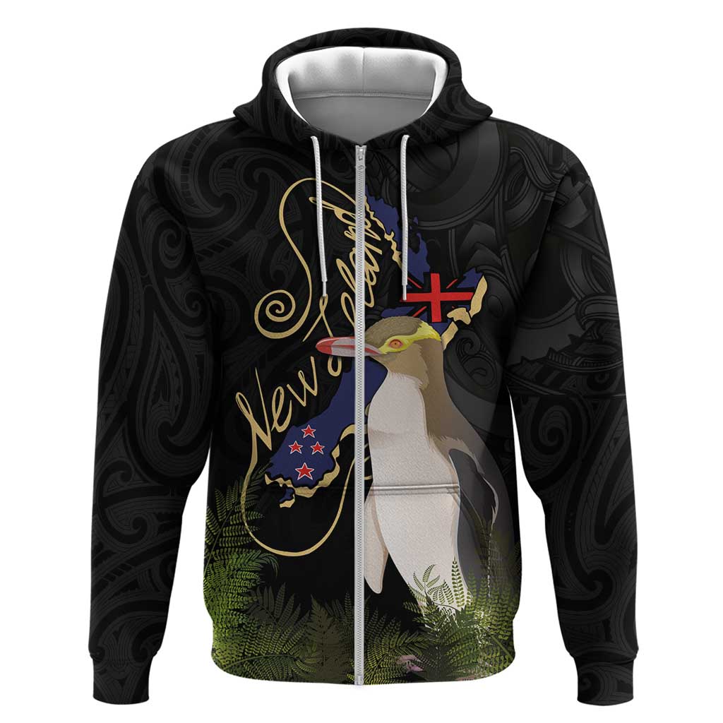 New Zealand Hoiho Hoodie Maori Art Tattoo and Silver Fern LT03 Zip Hoodie Black - Polynesian Pride