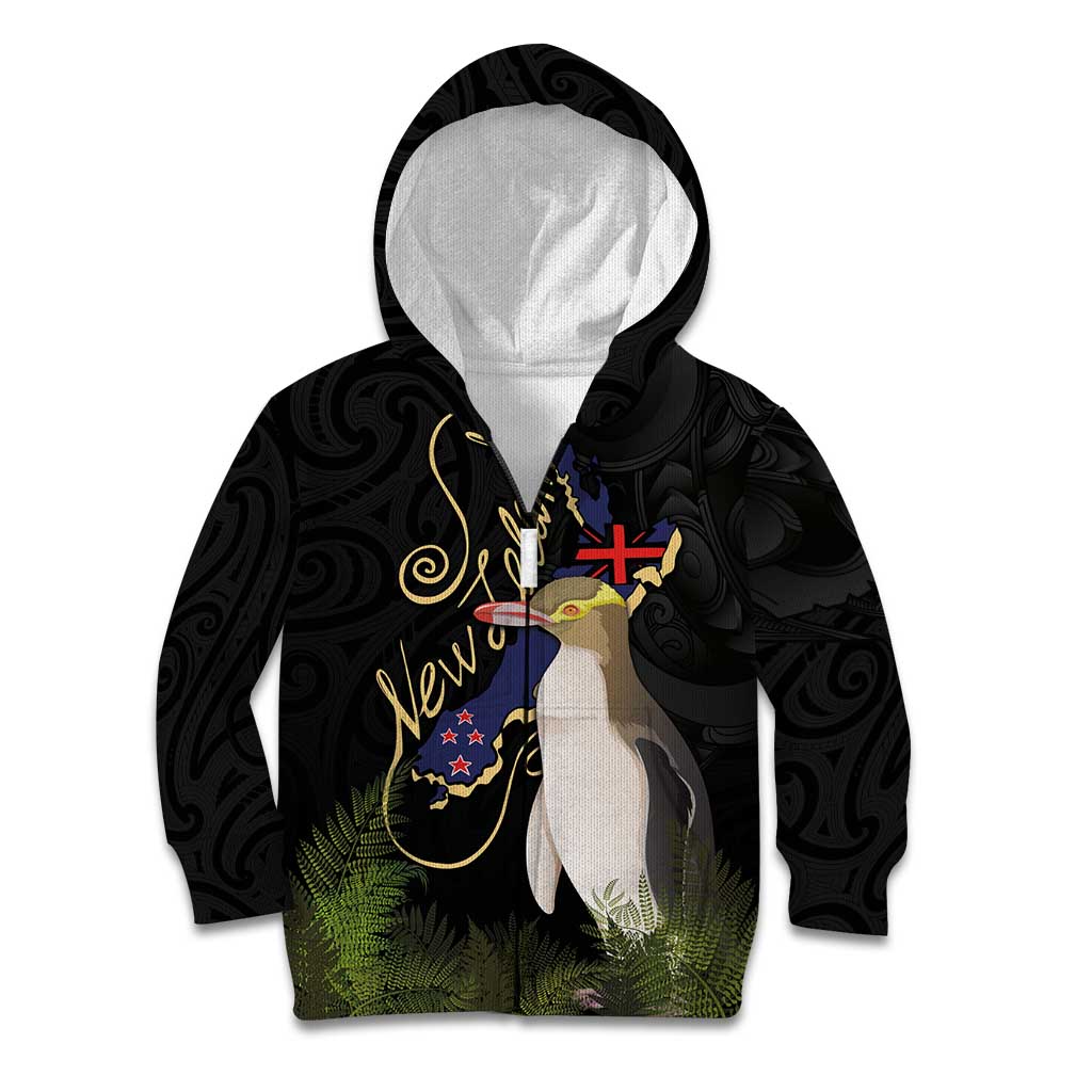 New Zealand Hoiho Kid Hoodie Maori Art Tattoo and Silver Fern LT03 Zip Hoodie Black - Polynesian Pride