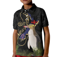 New Zealand Hoiho Kid Polo Shirt Maori Art Tattoo and Silver Fern LT03 Kid Black - Polynesian Pride