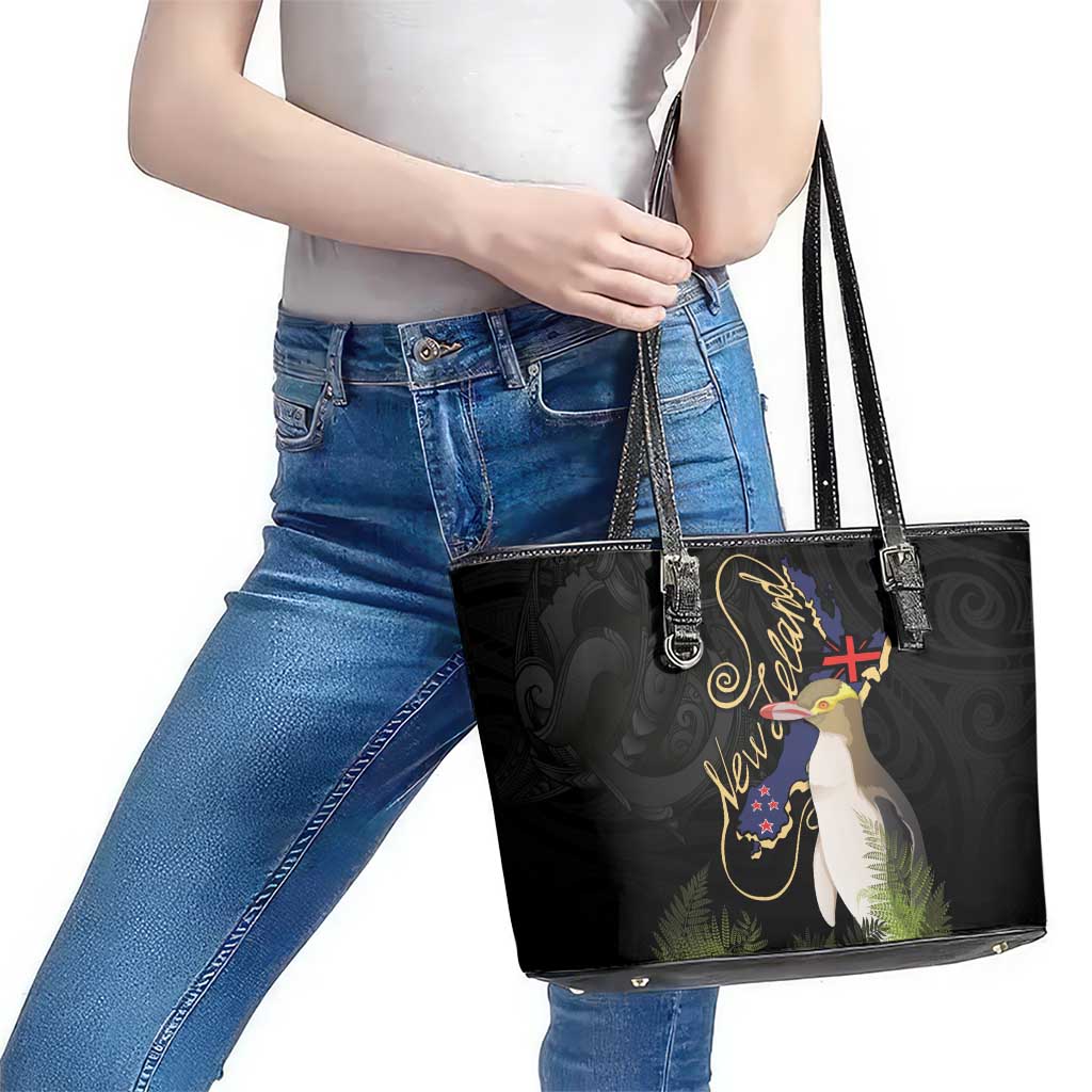 New Zealand Hoiho Leather Tote Bag Maori Art Tattoo and Silver Fern LT03 - Polynesian Pride