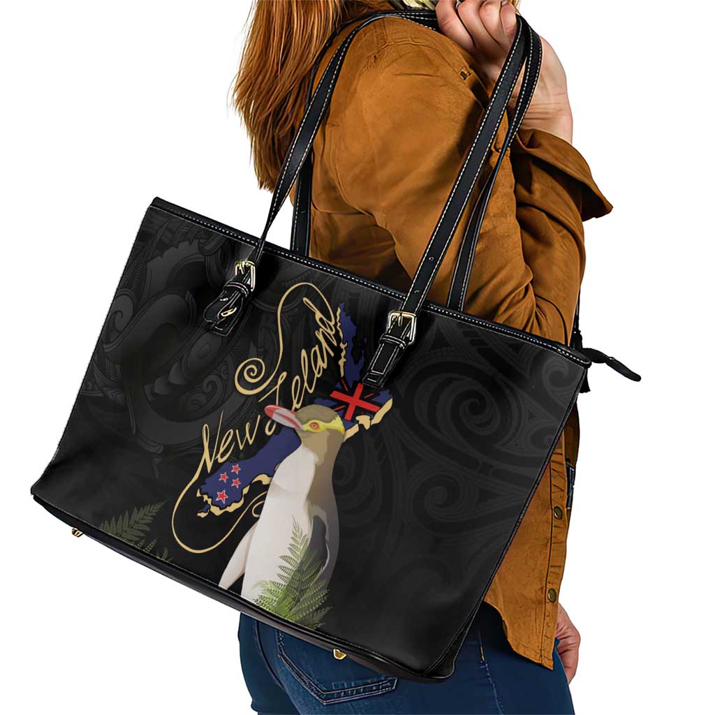 New Zealand Hoiho Leather Tote Bag Maori Art Tattoo and Silver Fern LT03 - Polynesian Pride