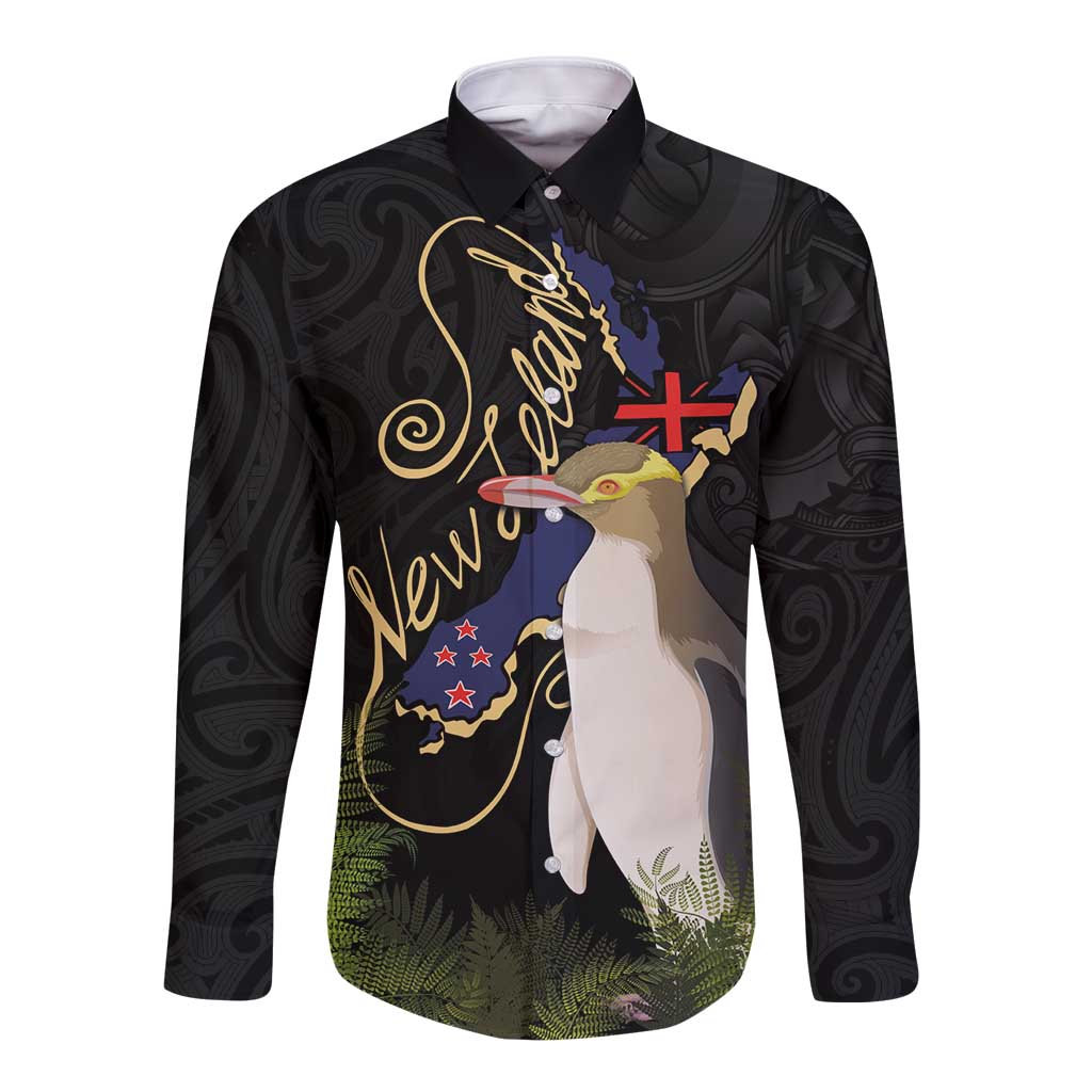 New Zealand Hoiho Long Sleeve Button Shirt Maori Art Tattoo and Silver Fern LT03 Unisex Black - Polynesian Pride