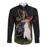 New Zealand Hoiho Long Sleeve Button Shirt Maori Art Tattoo and Silver Fern LT03 Unisex Black - Polynesian Pride