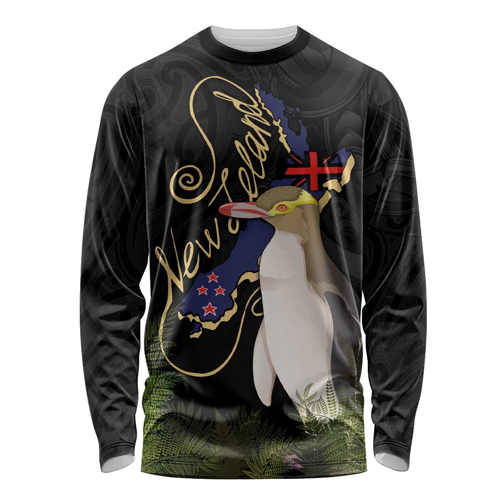 New Zealand Hoiho Long Sleeve Shirt Maori Art Tattoo and Silver Fern LT03 Unisex Black - Polynesian Pride