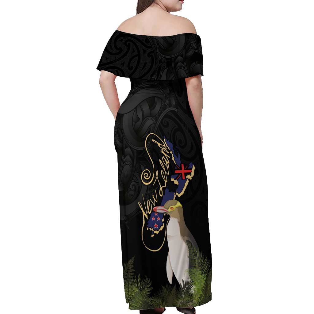 New Zealand Hoiho Off Shoulder Maxi Dress Maori Art Tattoo and Silver Fern LT03 - Polynesian Pride